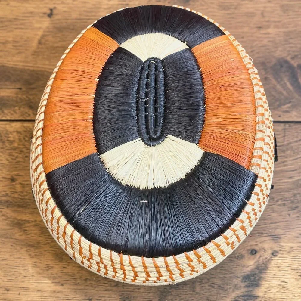 Handmade Kenyan Woven Sisal Basket 11x13 Oval Geometric Boho Bread Bowl Wall Art
